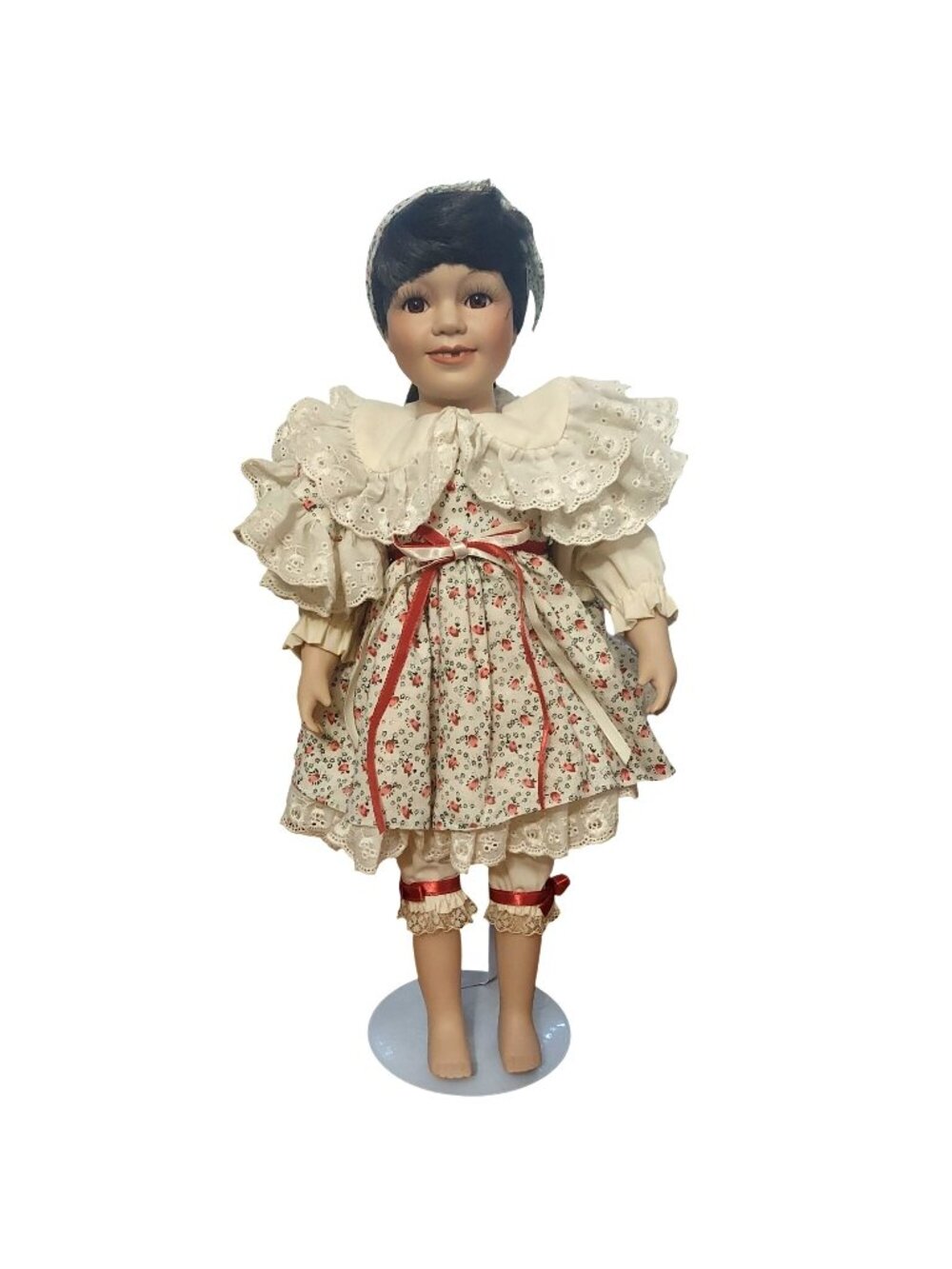 Design Debut Porcelain Doll Floral Lace Dress Brown Hair Eyes Ponytail w/ Stand
